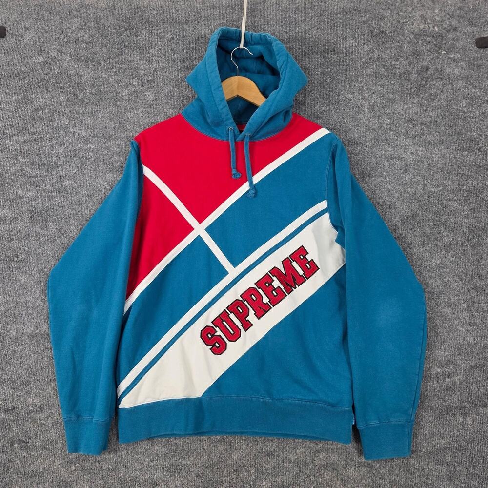 Supreme Hoodie Men Medium Diagonal Sweatshirt Colorblock Logo Blue Fleece Street